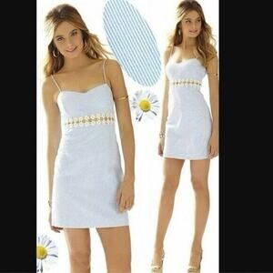 Lilly Pulitzer Sheena Ariel Blue Seersucker Stripe Cut Out Daisy Lace Dress 00